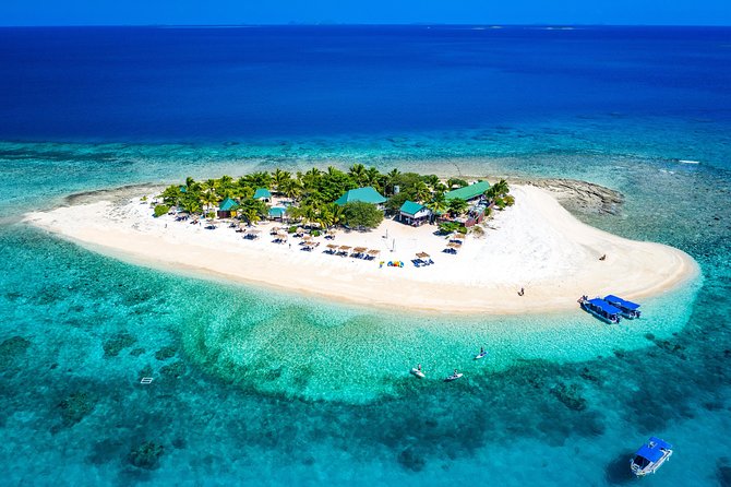 A sand-rimmed Mamanuca islet from the air, west of Nadi